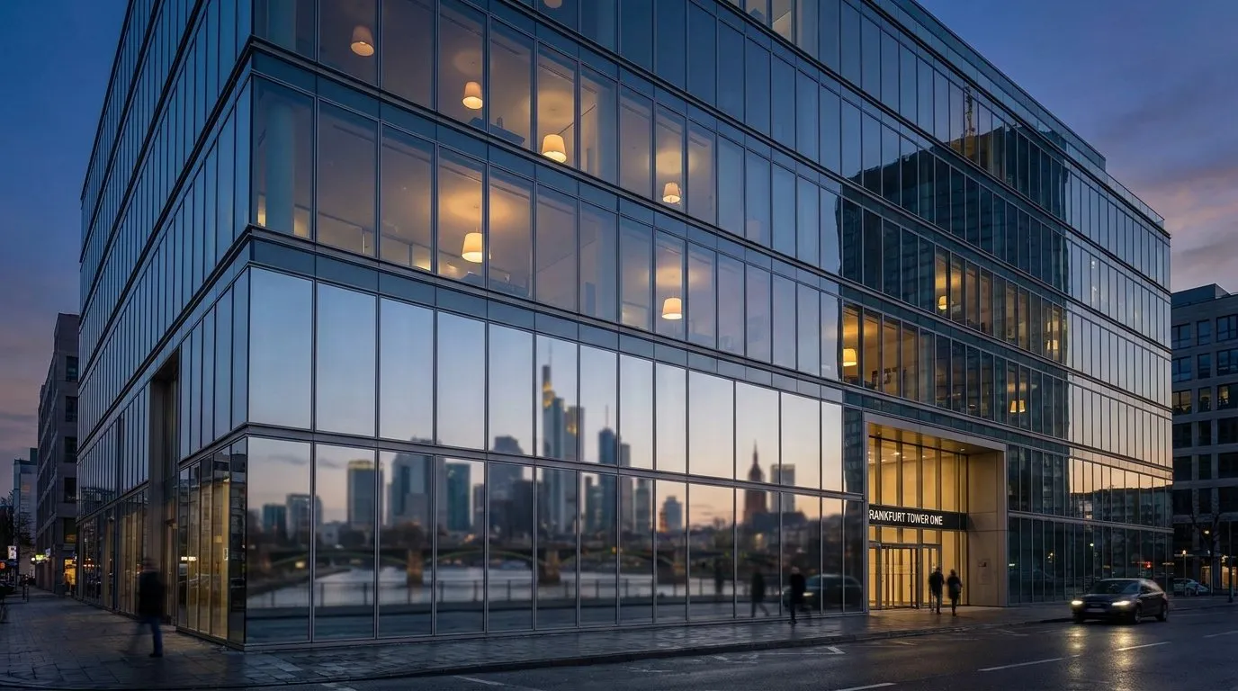 Bürogebäude mit Glasfassade in Frankfurt am Main, die gereinigten Fenster spiegeln die Skyline in der Dämmerung